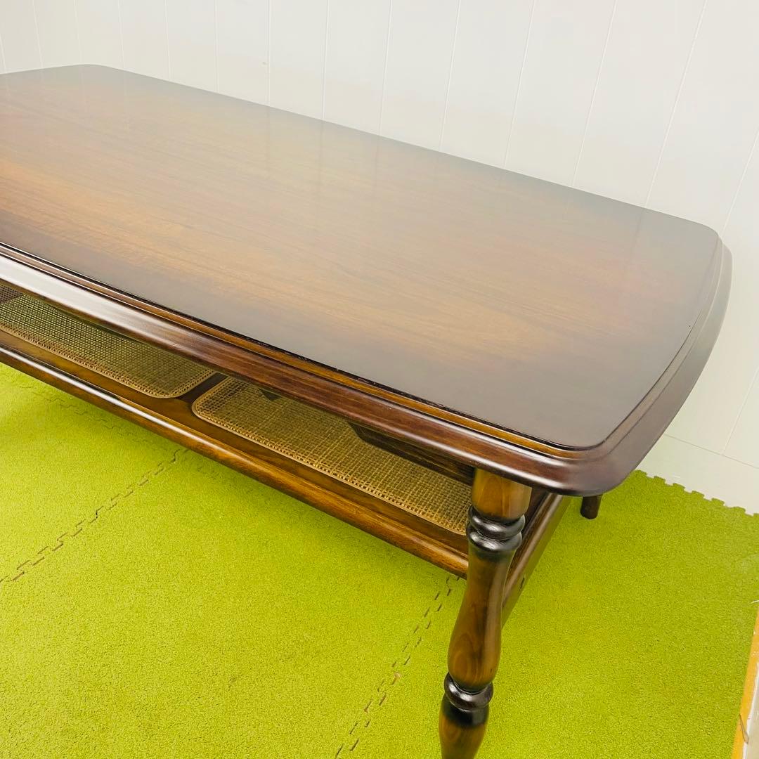 【美品】カリモク センターテーブル ローテーブル コロニアル ラタン棚