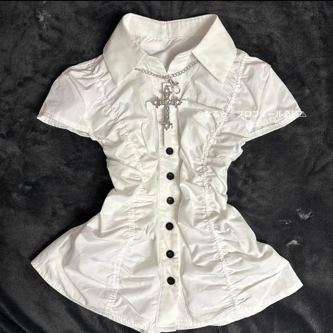 00s darkcore シャツ バレエコア ホラゲ ギャザー 黒ボタン