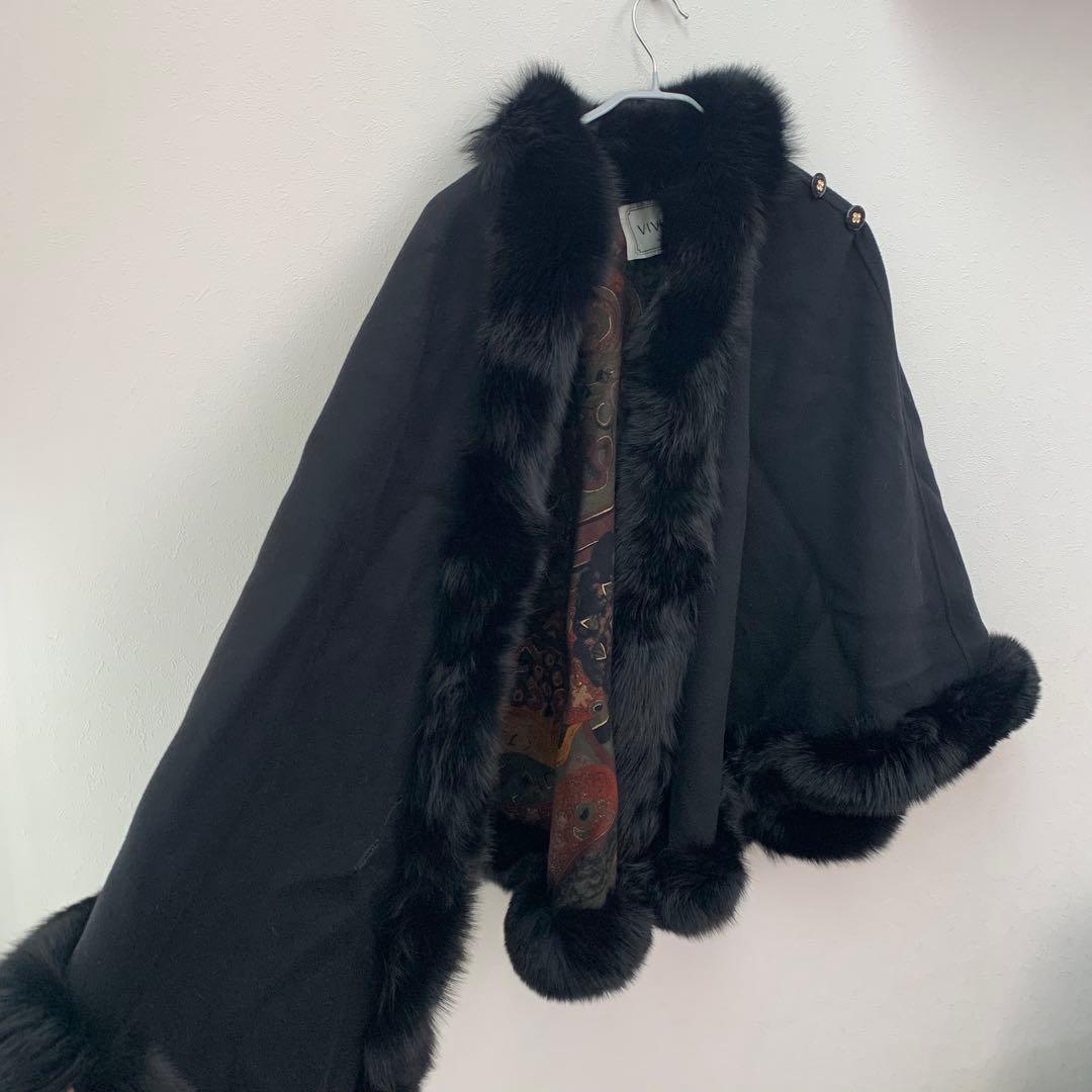 美品⭐︎vivreビブレ　黒　カシミヤ　ケープ　フォックスファー付　ポンチョコート