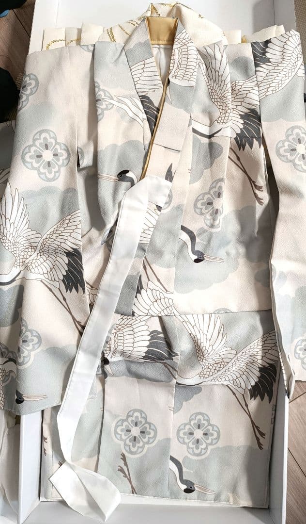 ひよこ商店 七五三 3歳 男の子 ベレー帽被布セット クリーム金彩×ミント吉祥鶴