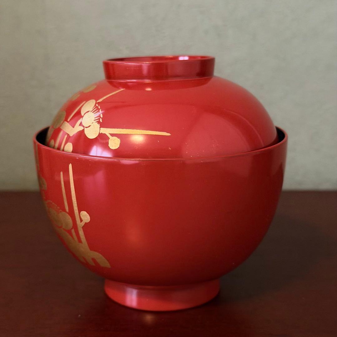 【未使用】共箱付 漆器 梅蒔絵 吸物椀 五客揃 理平造 朱塗 金蒔絵 来客用にも
