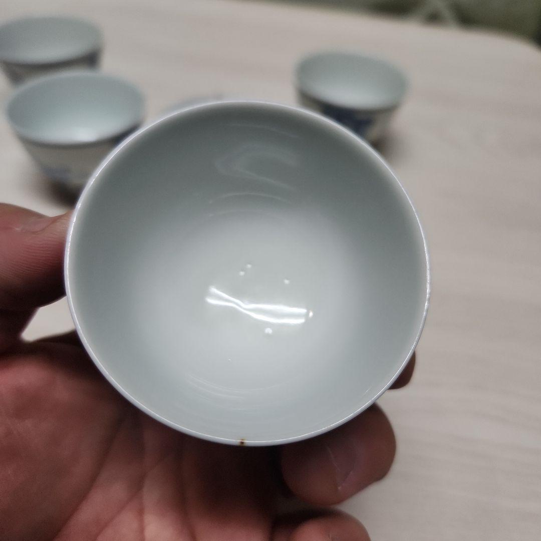 初代竹泉作　筆絵　染付　茶碗　五客　共箱付