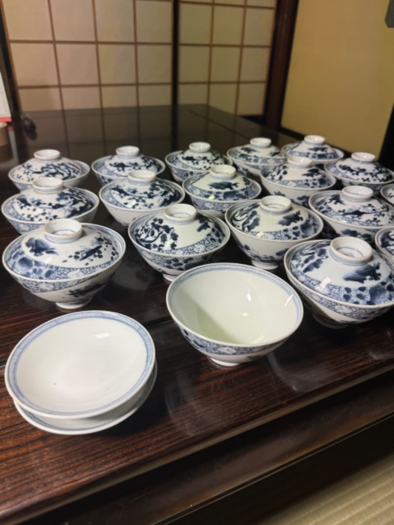 古伊万里 伊万里焼　染付総模様蓋付碗　19客　　江戸後期