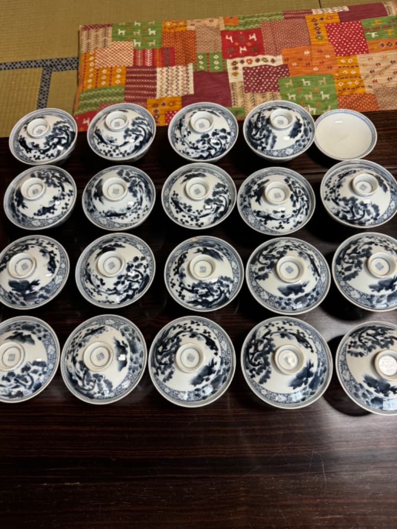 古伊万里 伊万里焼　染付総模様蓋付碗　19客　　江戸後期