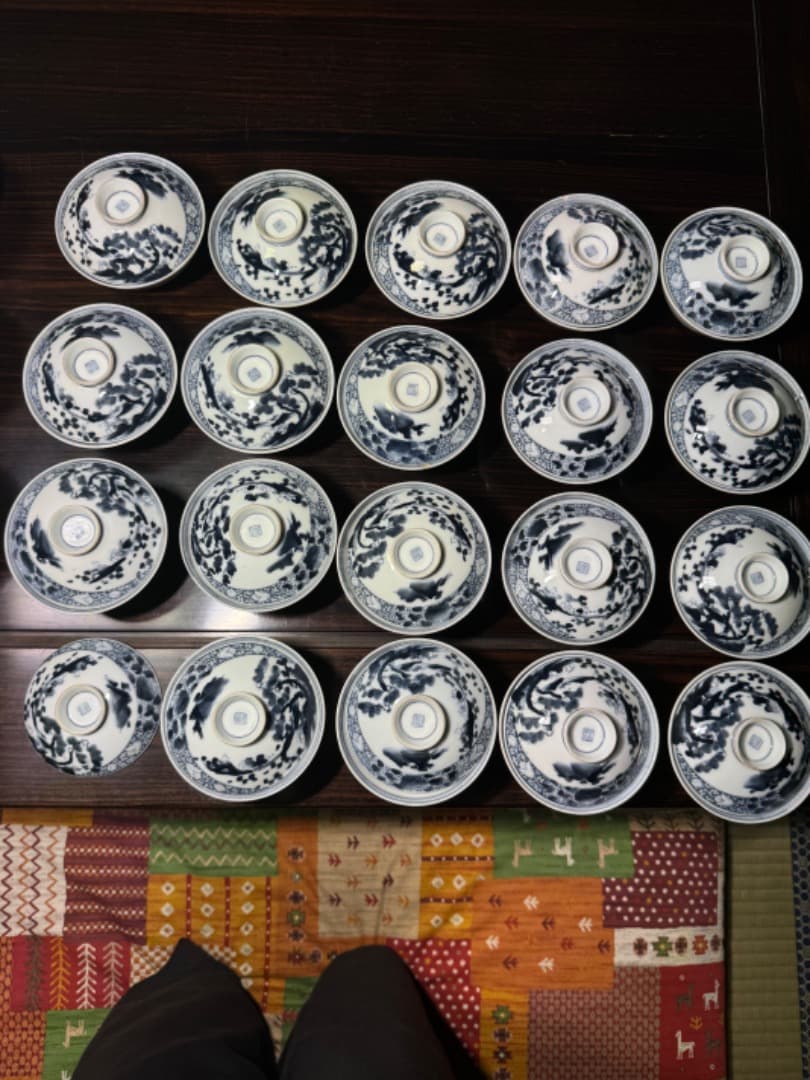 古伊万里 伊万里焼　染付総模様蓋付碗　19客　　江戸後期