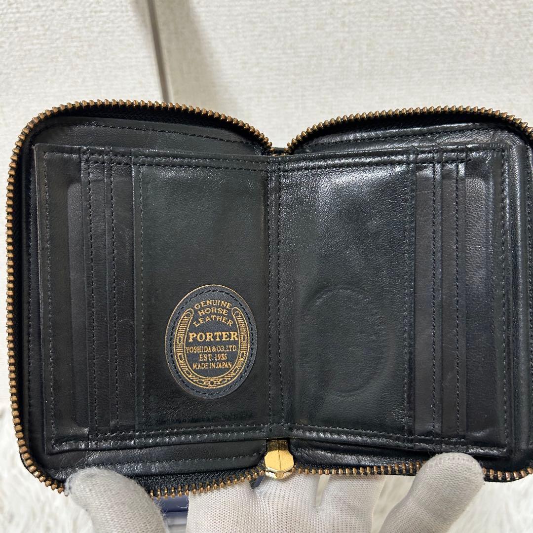 【美品✨ワイズ/レザー】ポーター　ラウンドジップ　折り財布　ブラック　コンパクト