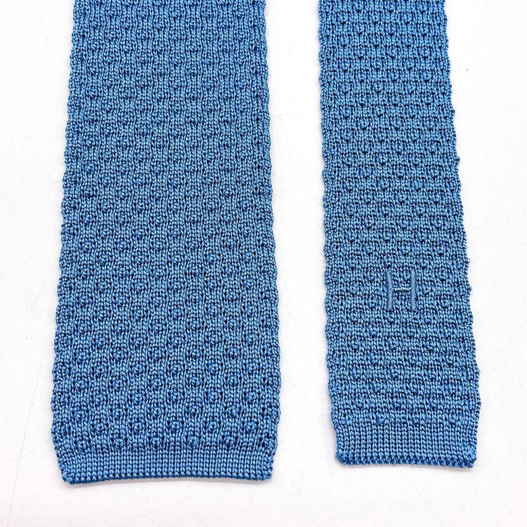 HERMES ニットタイ ブルー ネクタイ Hロゴ刺繍
