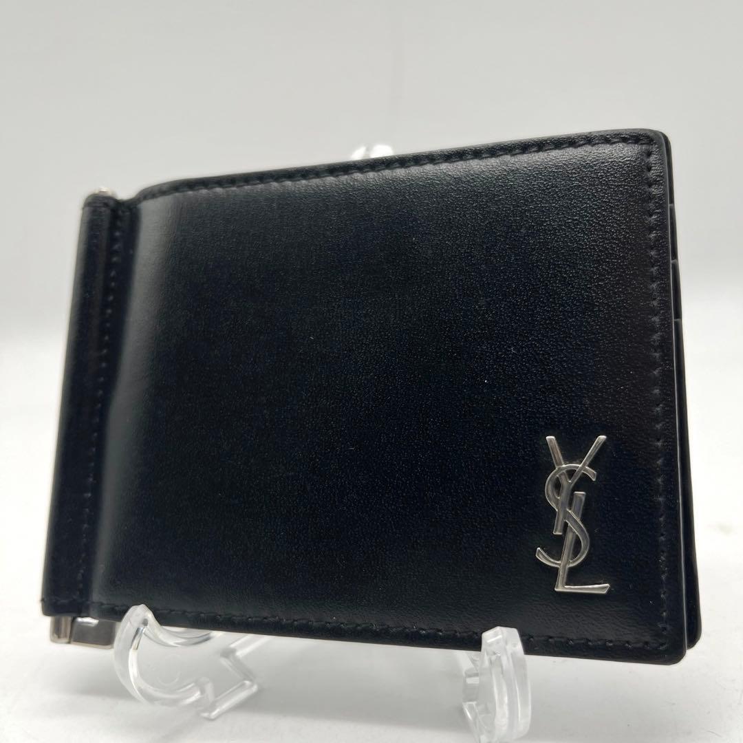 極美品 サンローラン マネークリップ 二つ折り財布 カサンドラ シルバー 黒