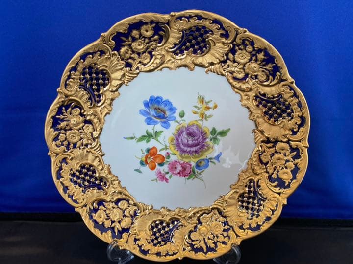 マイセン　ゴールドギルト　コバルト　キャビネットプレート　六ツ花　1級品