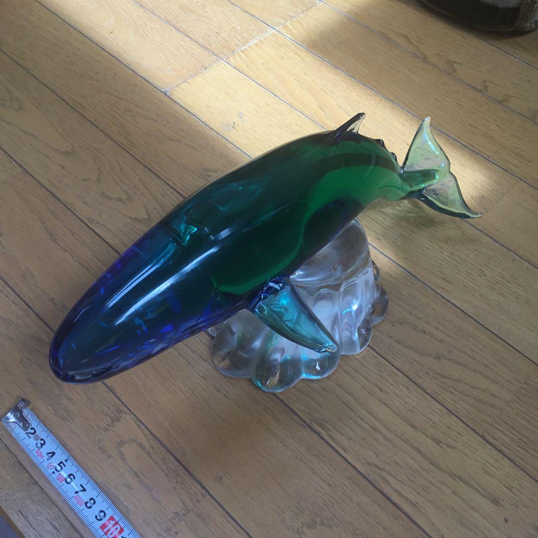 青緑色 ガラス 置物 オブジェ 大型 鯨