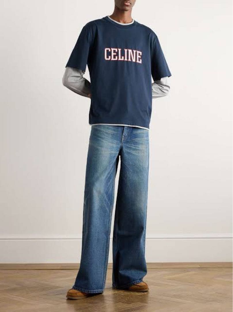 タグ付 CELINE 25SS ロゴレイヤードルーズTシャツ ネイビー L