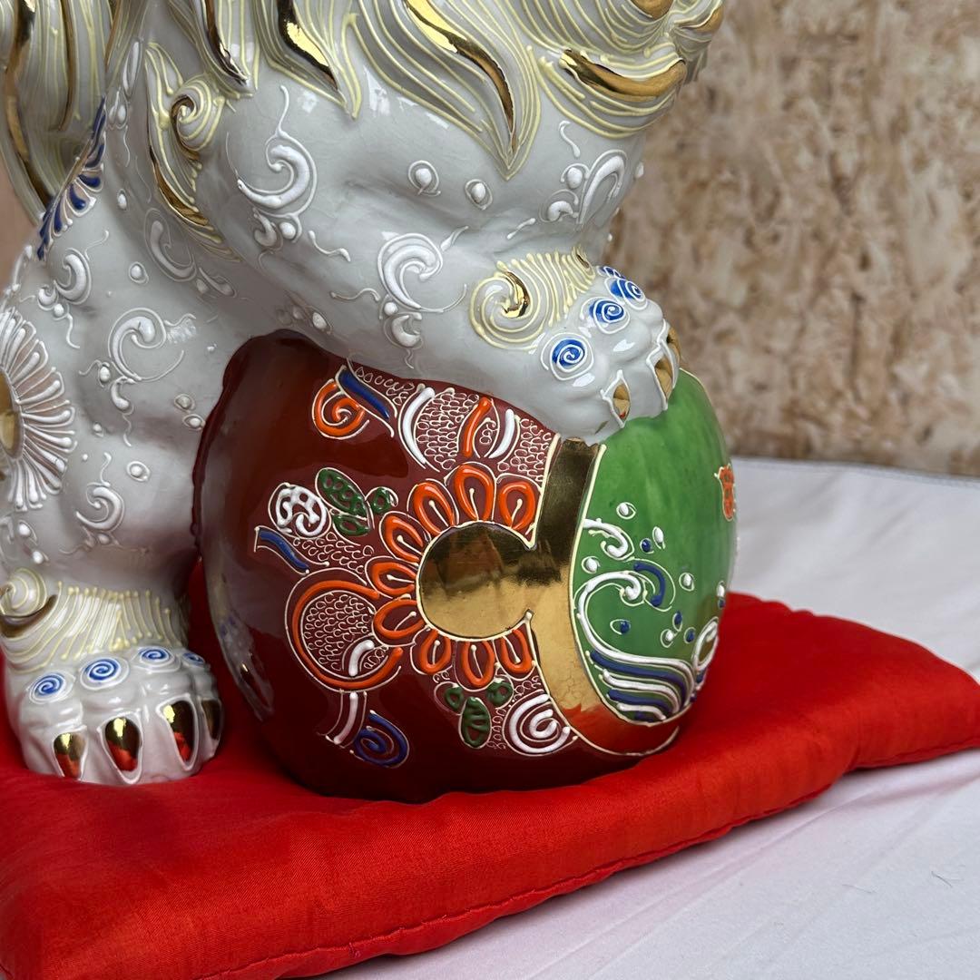 レア品 美品 九谷焼 玉乗り 狛犬 獅子 シーサー 白 縁起物 置物 陶器