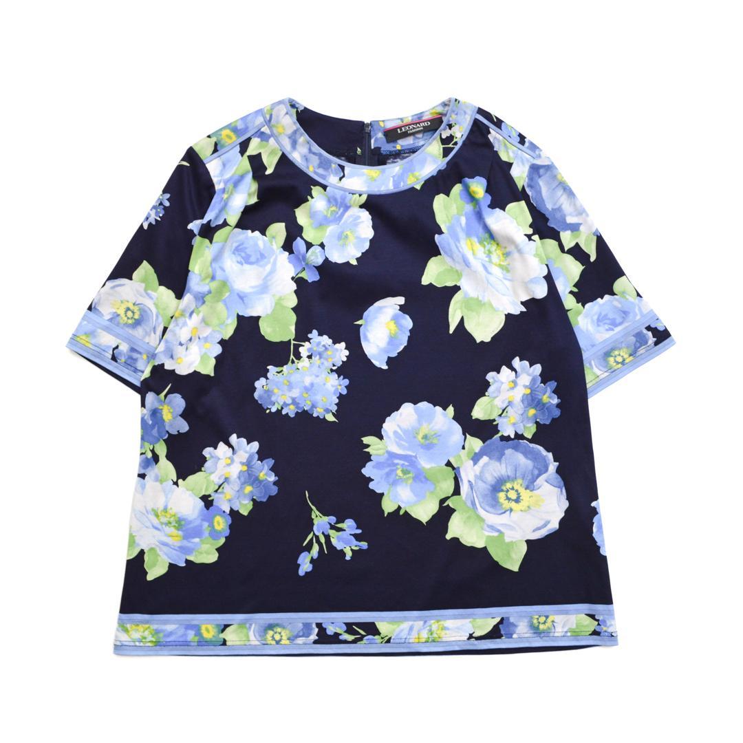 【極美品】LEONARDレオナール日本製 フラワープリント半袖カットソーL紺色