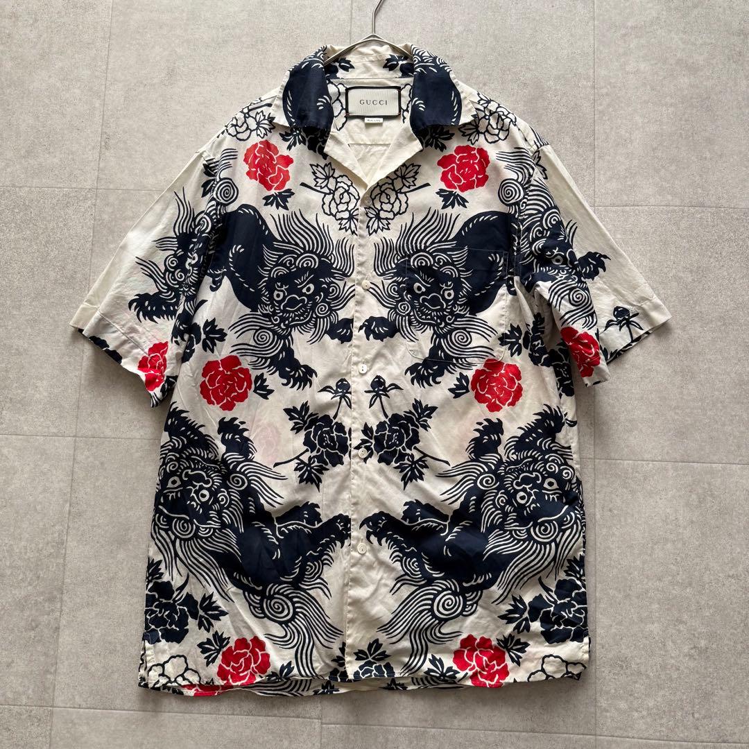 グッチ　アロハシャツ　かりゆしシャツ　シーサー　花柄　半袖　白　44　コットン