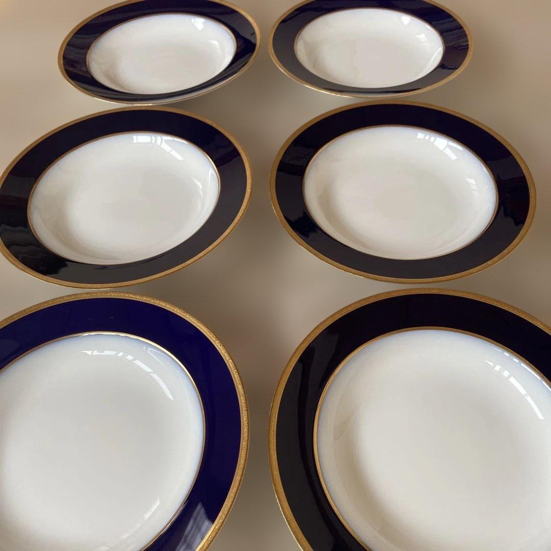 大倉陶園　ロイヤルブルー金彩のスーププレート　6枚