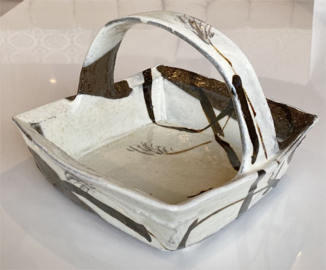 作家物　吉川水城　菓子鉢　手付　益子焼き