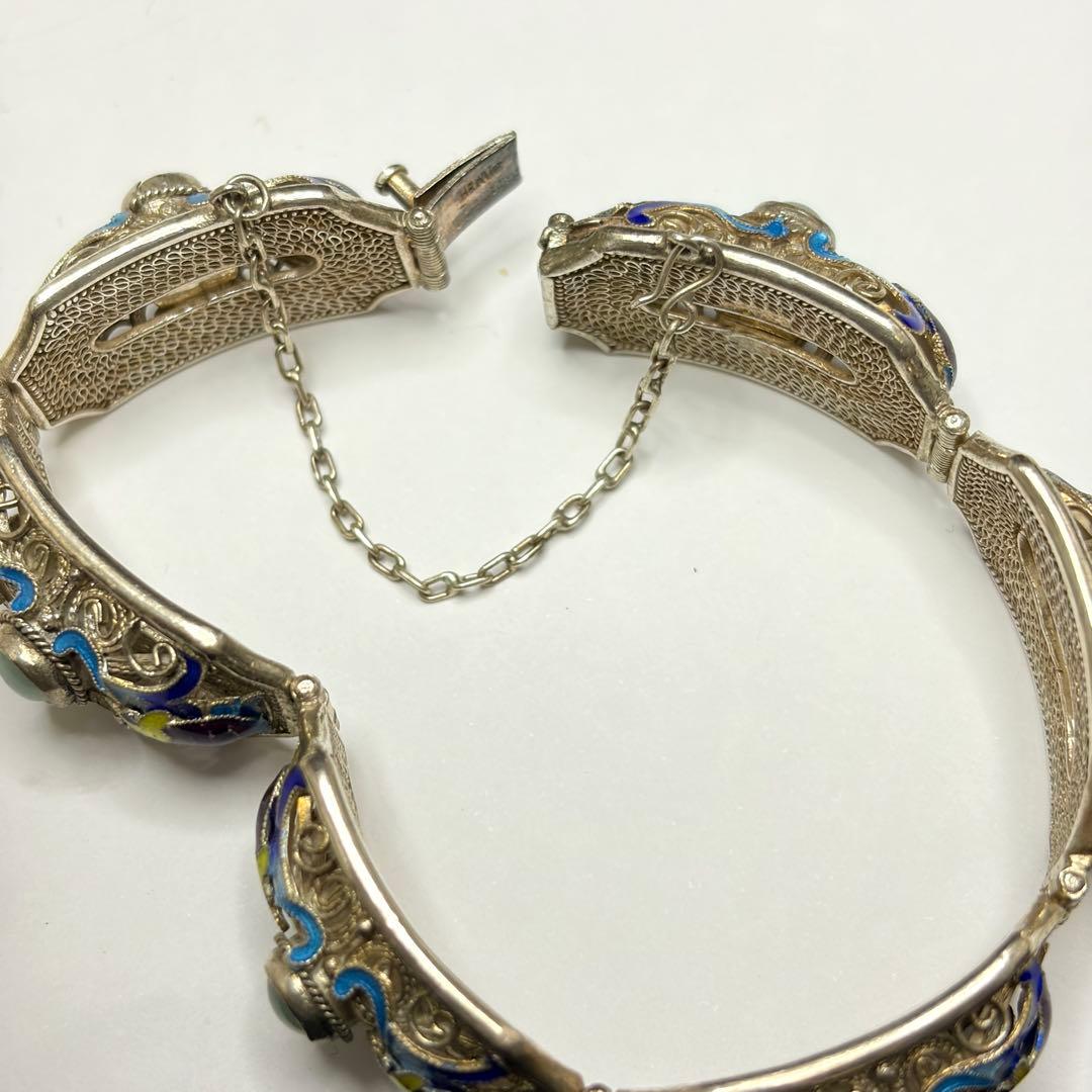 中国七宝 SILVER 銀線細工 天然石付き シルバーブレスレット バングル