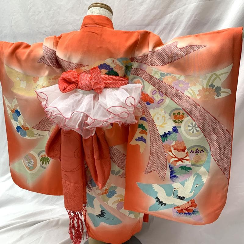 602ag8□七五三 三歳 女児 着物&チュール帯＆長襦袢 束ね熨斗□美品