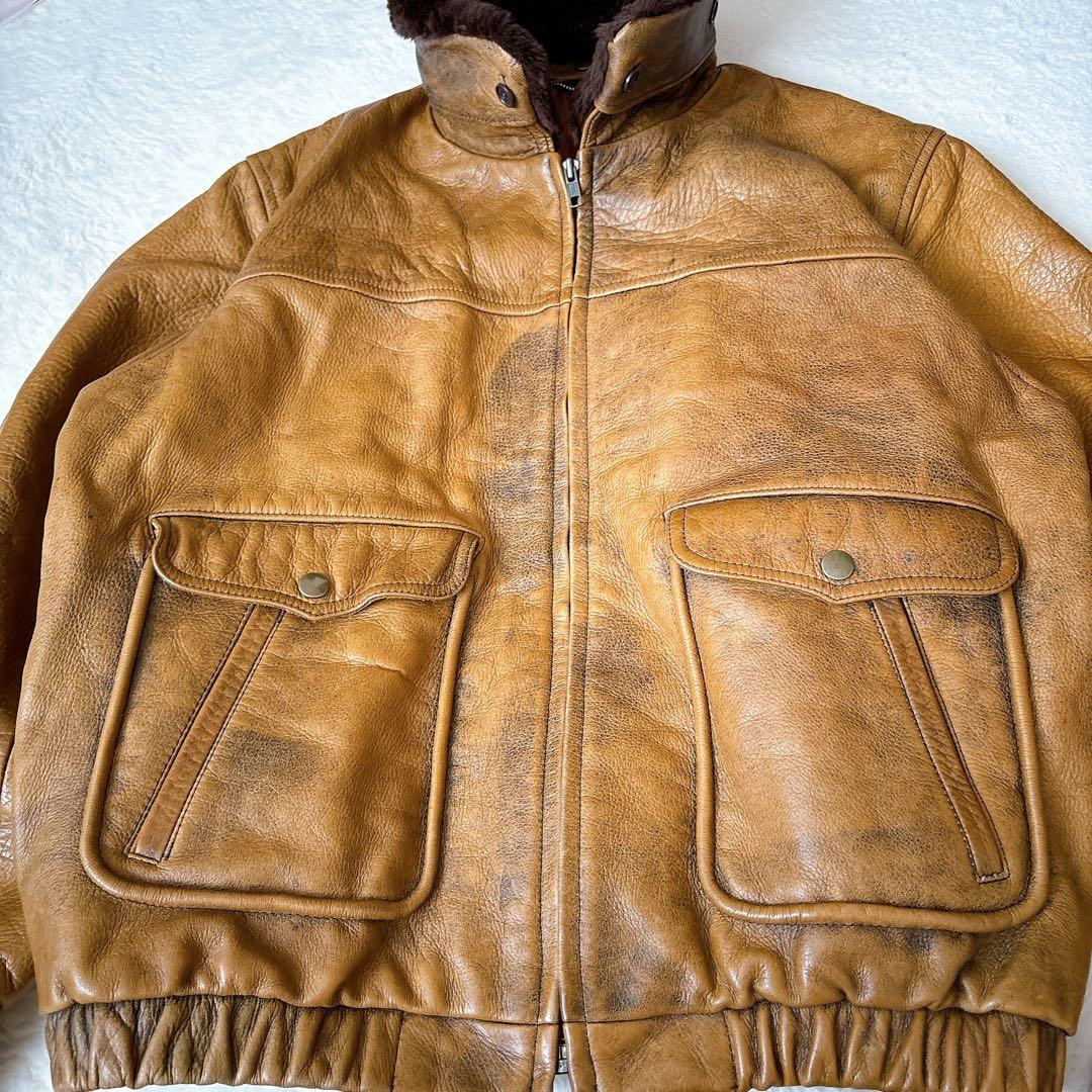 【希少】ヴィンテージ レザーフライトジャケット 牛革 ボア襟 キャメル　M