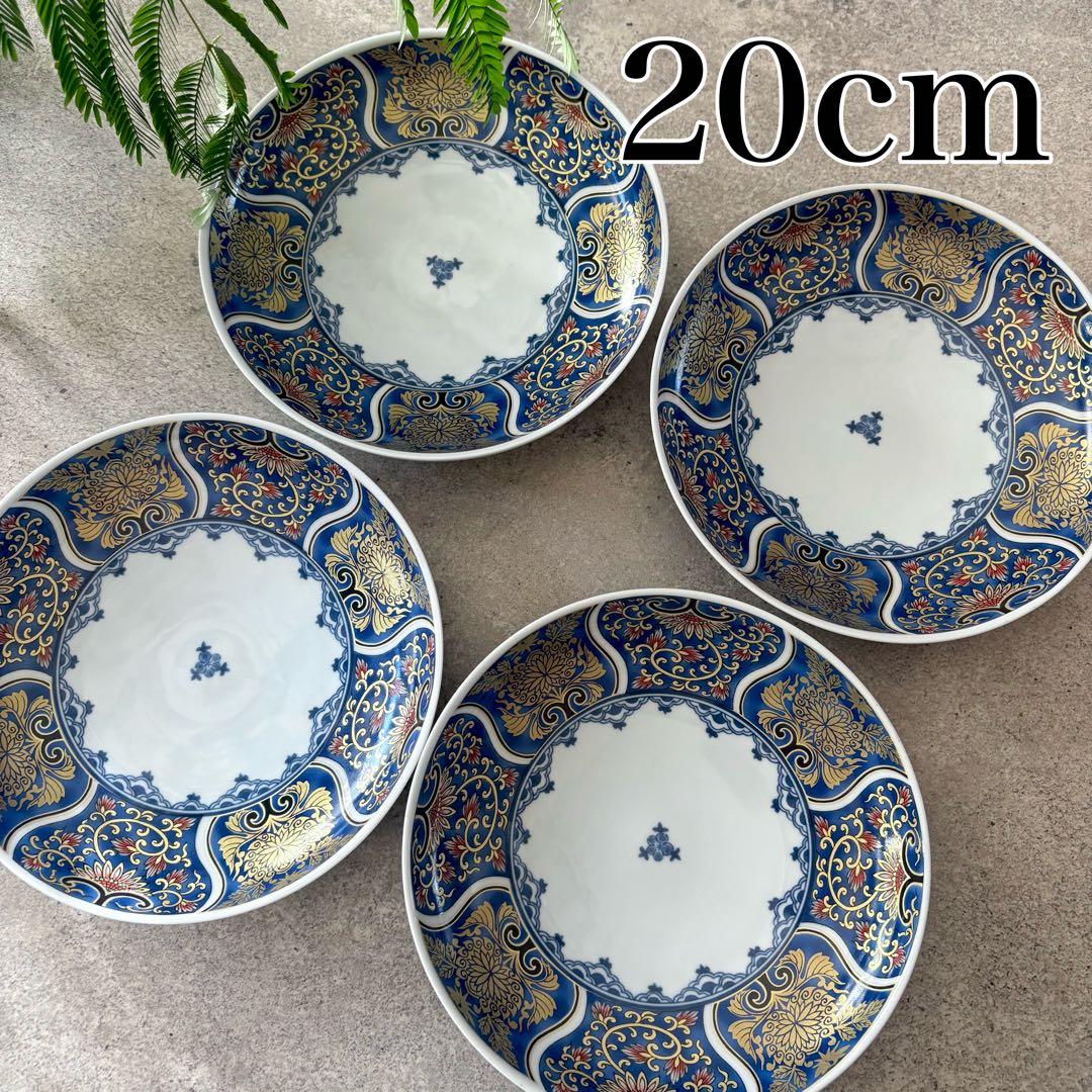 献上古伊万里　大皿　４枚　藍色　20cm 多用皿　19.5 プレートL 青　金彩