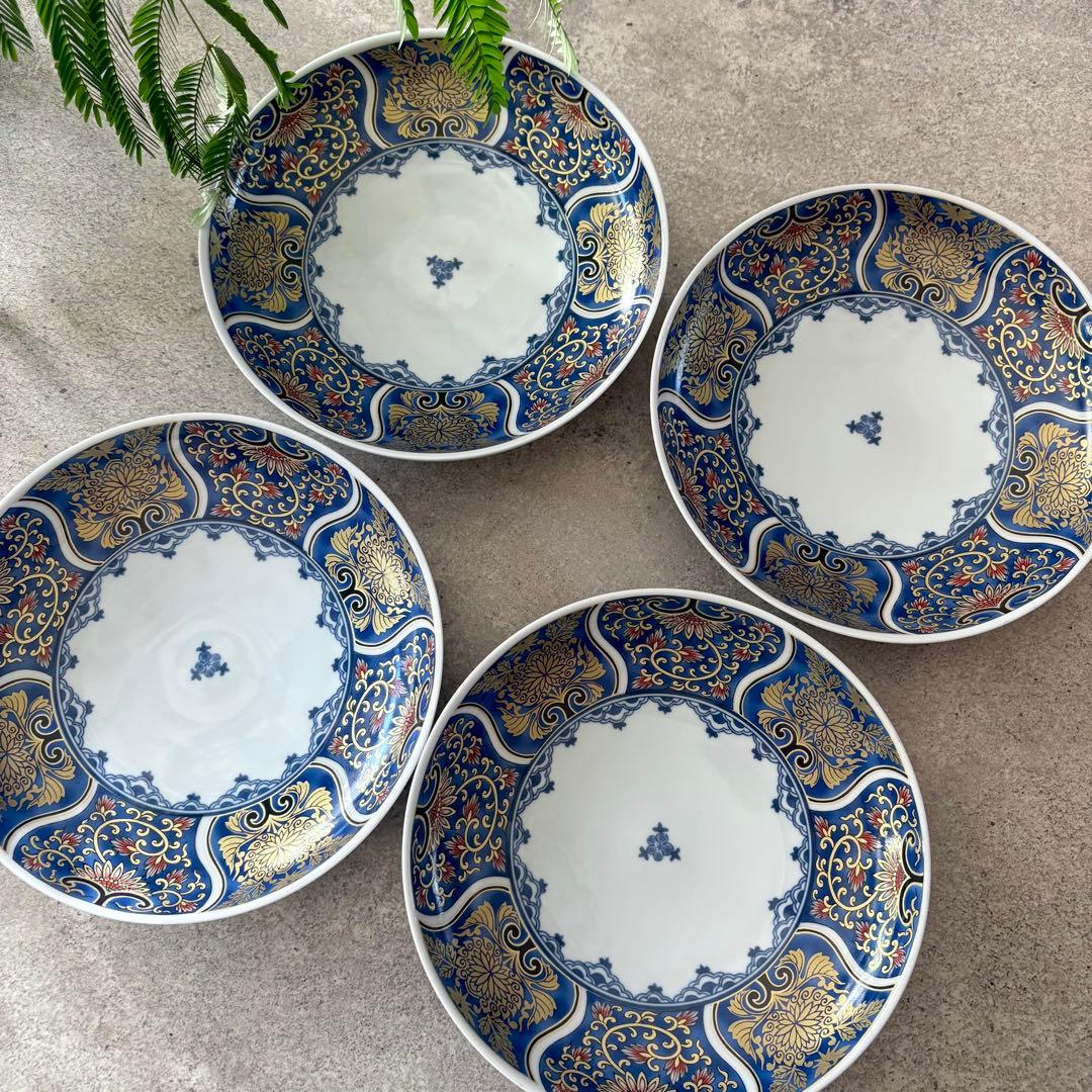 献上古伊万里　大皿　４枚　藍色　20cm 多用皿　19.5 プレートL 青　金彩