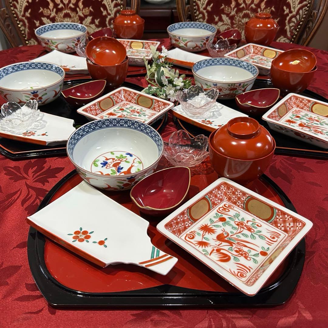 5名様　お正月御膳セット　赤絵　たち吉　羽子板皿　花鳥金彩丸紋角鉢　吸物椀など