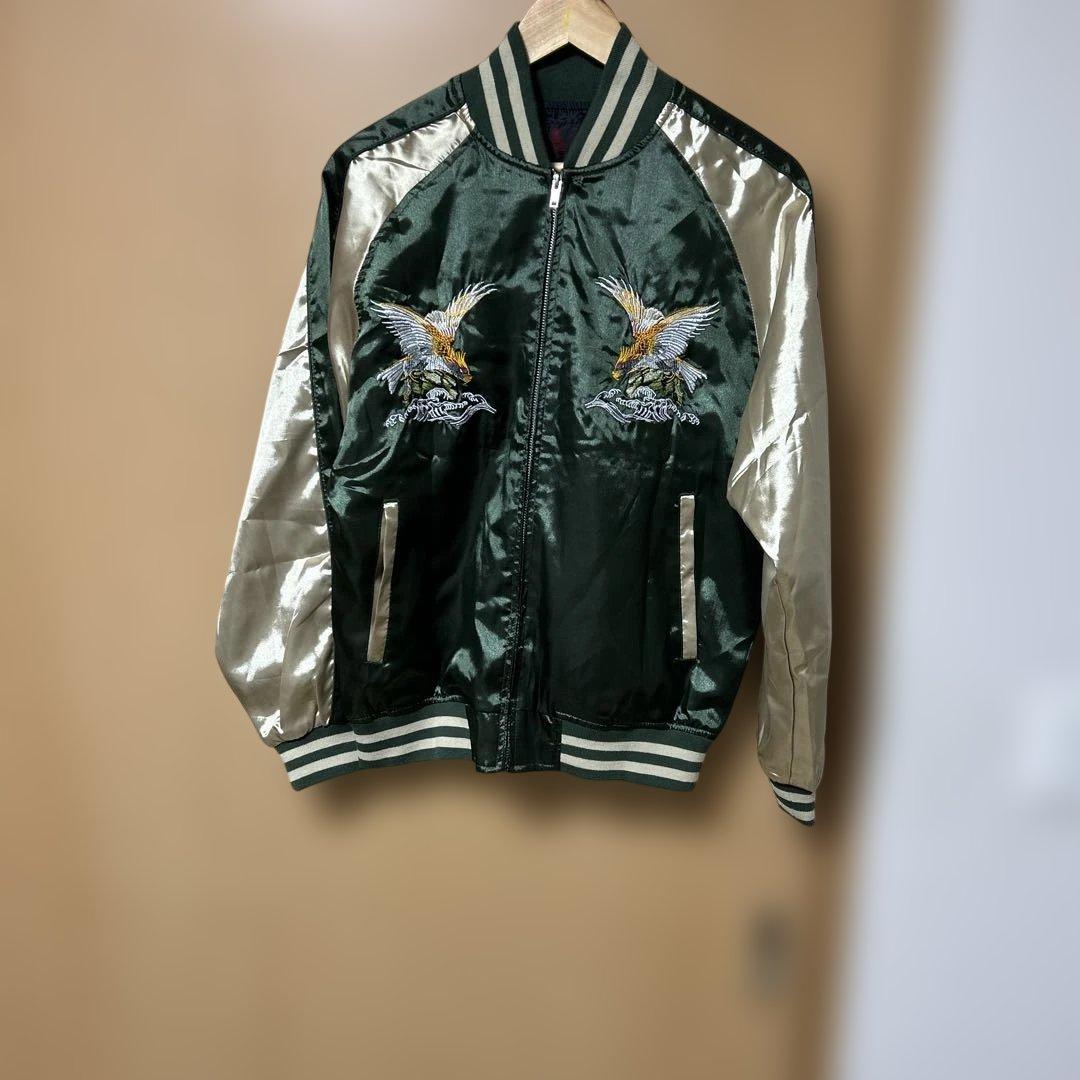 刺繍鷹デザイン スカジャン 緑と金