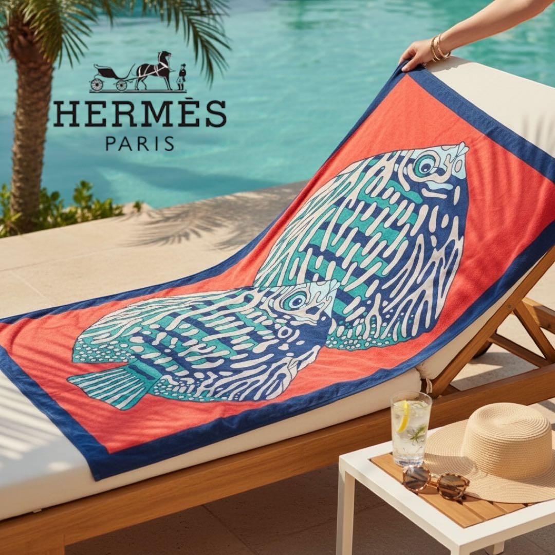 HERMES エルメス ビーチタオル タピ・ノマドPOISSON（魚モチーフ）