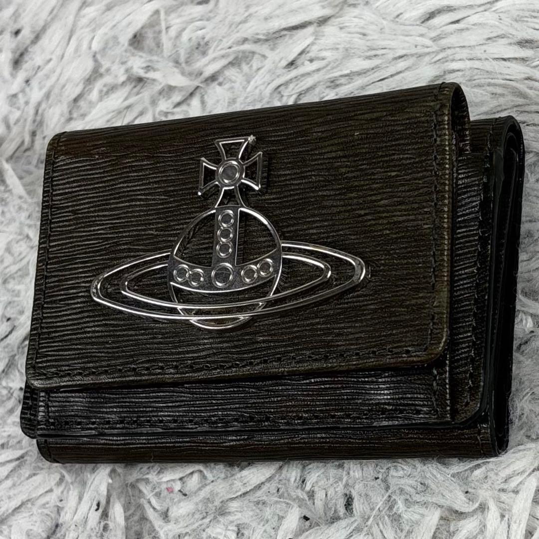 極美品 ヴィヴィアンウエストウッド レザー 折り財布 ステッチ オーブ カーキー