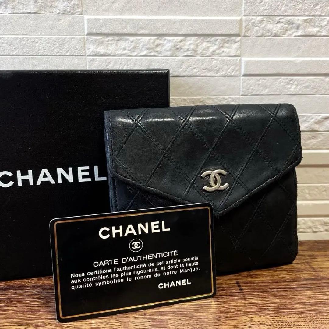 シャネル ビコローレ マトラッセ レザー 二つ折り 財布 ココマーク ブラック
