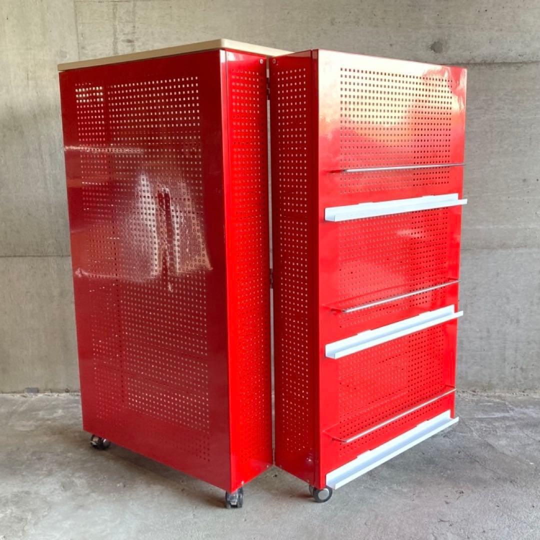 ラック シェルフ ワゴン 棚 開閉式 折り畳み キャスター付 赤色 ポップ 什器