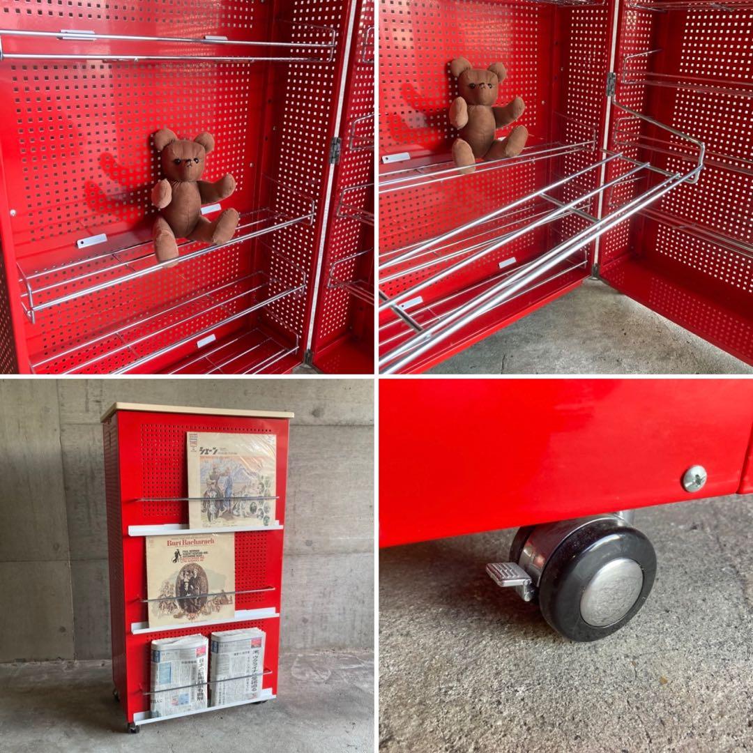 ラック シェルフ ワゴン 棚 開閉式 折り畳み キャスター付 赤色 ポップ 什器