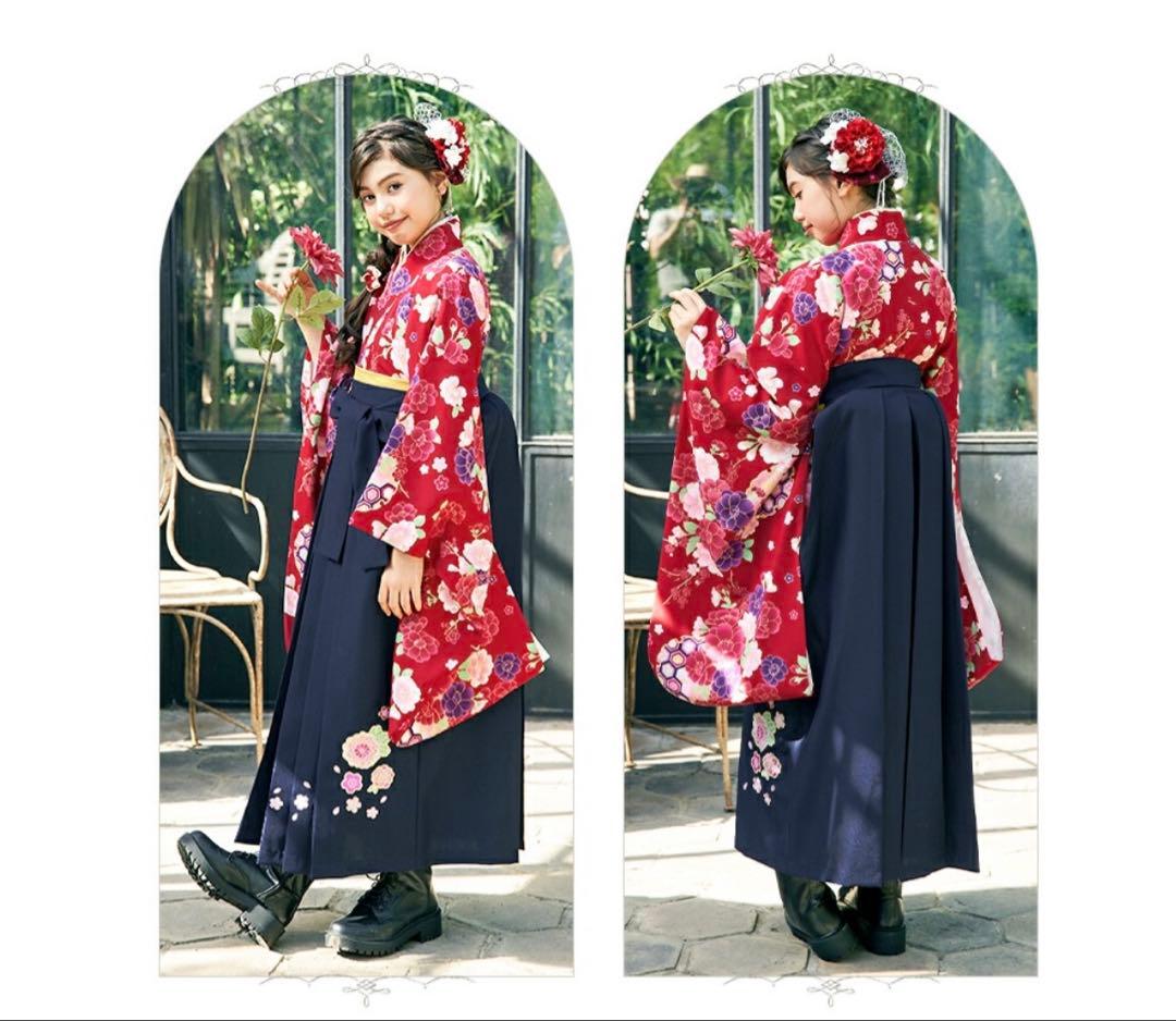 ms♡赤色花柄着物　紺色袴セット　アリサナ160cm