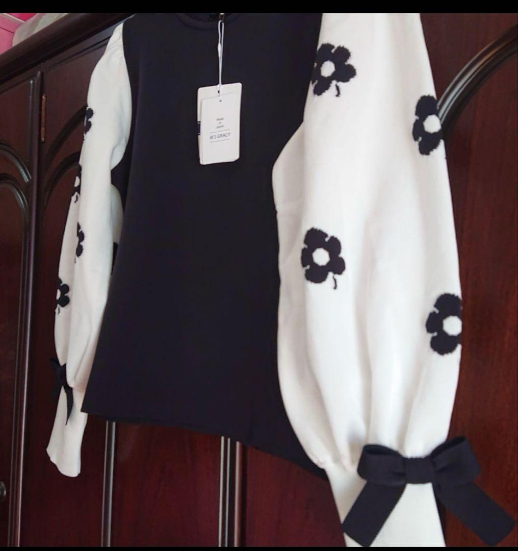 美品　エムズグレイシー　38 フラワー刺繍 袖ニットトップス