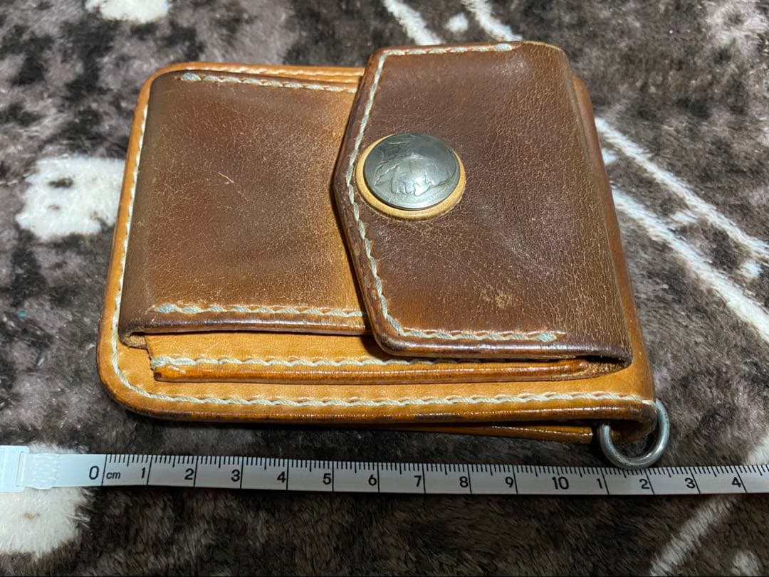 ビーズ屋公ちゃん レザー 二つ折り財布 ブラウン ウォレットロープ付き