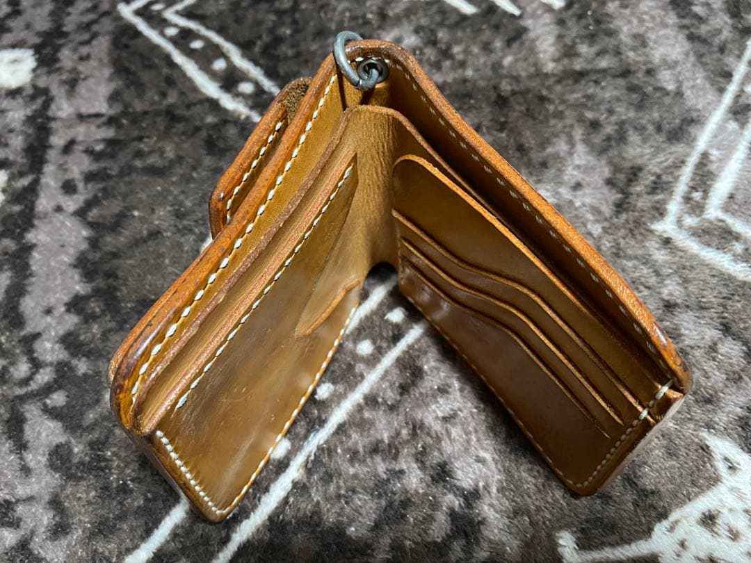 ビーズ屋公ちゃん レザー 二つ折り財布 ブラウン ウォレットロープ付き