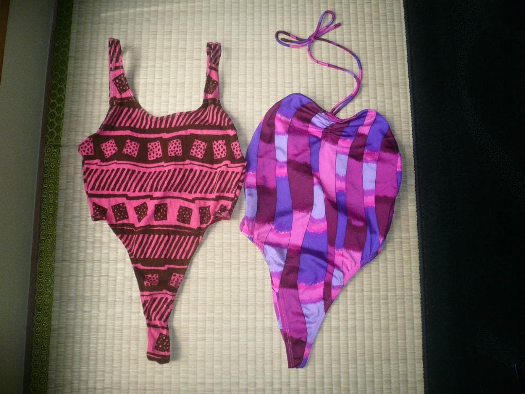 珍しい！アシックス製 超ハイレグレオタード水着 RQ＆紫柄ホルターネック水着