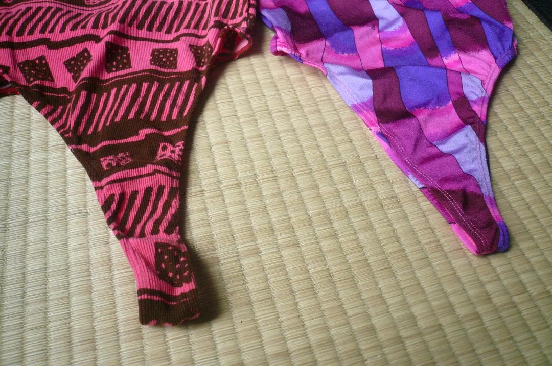 珍しい！アシックス製 超ハイレグレオタード水着 RQ＆紫柄ホルターネック水着