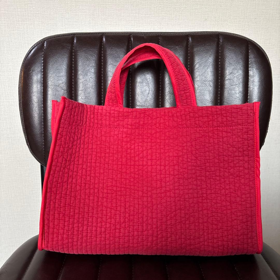 yuki　ヌビ　外バイアス　スクエア型　トートバッグ　スカーレット　赤