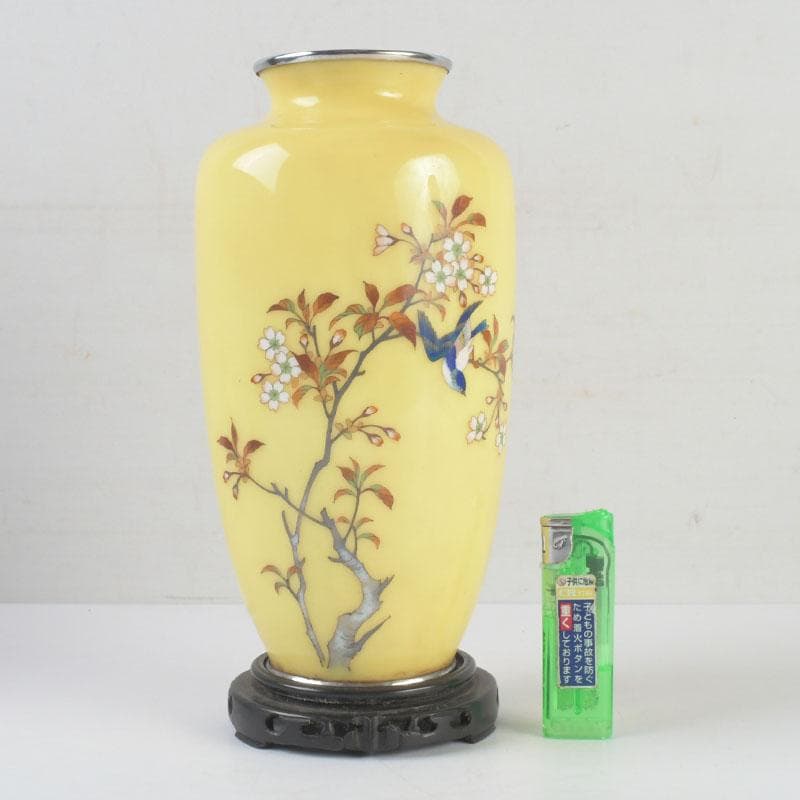 七宝焼　黄釉　花鳥文　花瓶　唐木台・箱付　D　9821