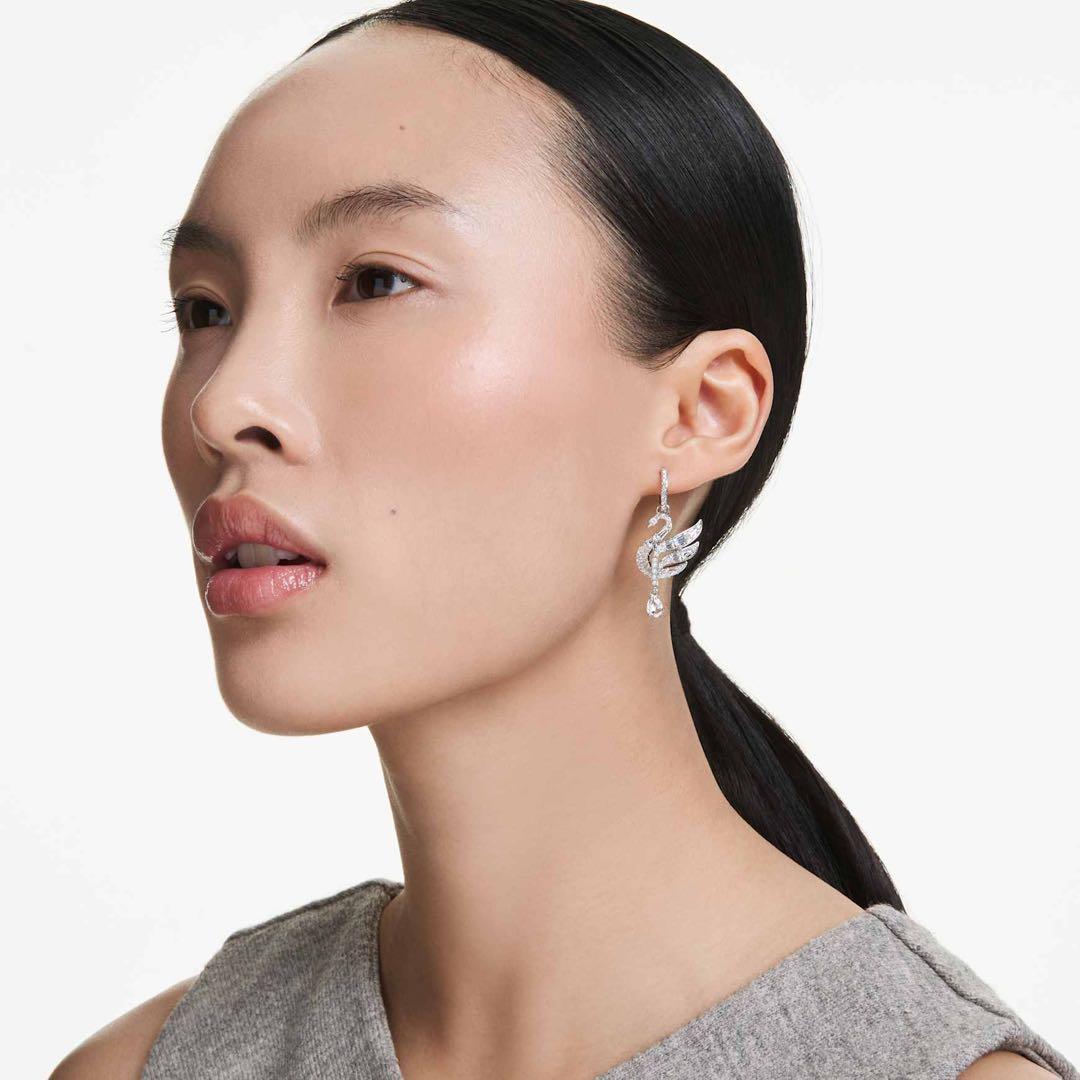 スワロフスキーSwan ピアス スワン, ホワイト, ロジウム・プレーティング