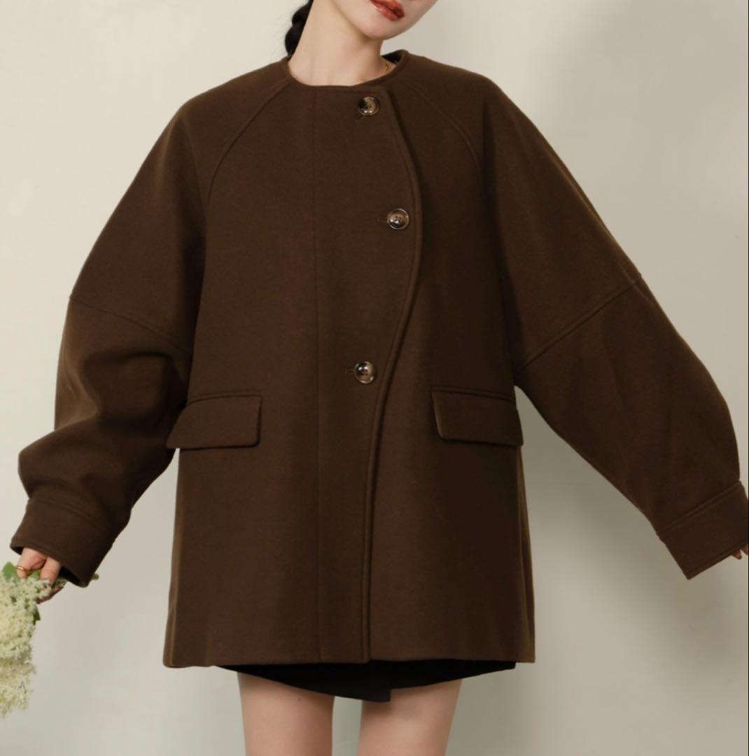 hinari ウェーブデザインミドルコート ブラウン Sサイズ