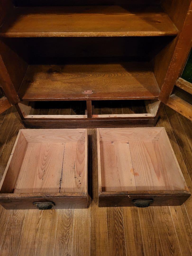 緑 ダイヤガラス　透かし彫り　本棚　本箱　キャビネット　大正ロマン　アンティーク