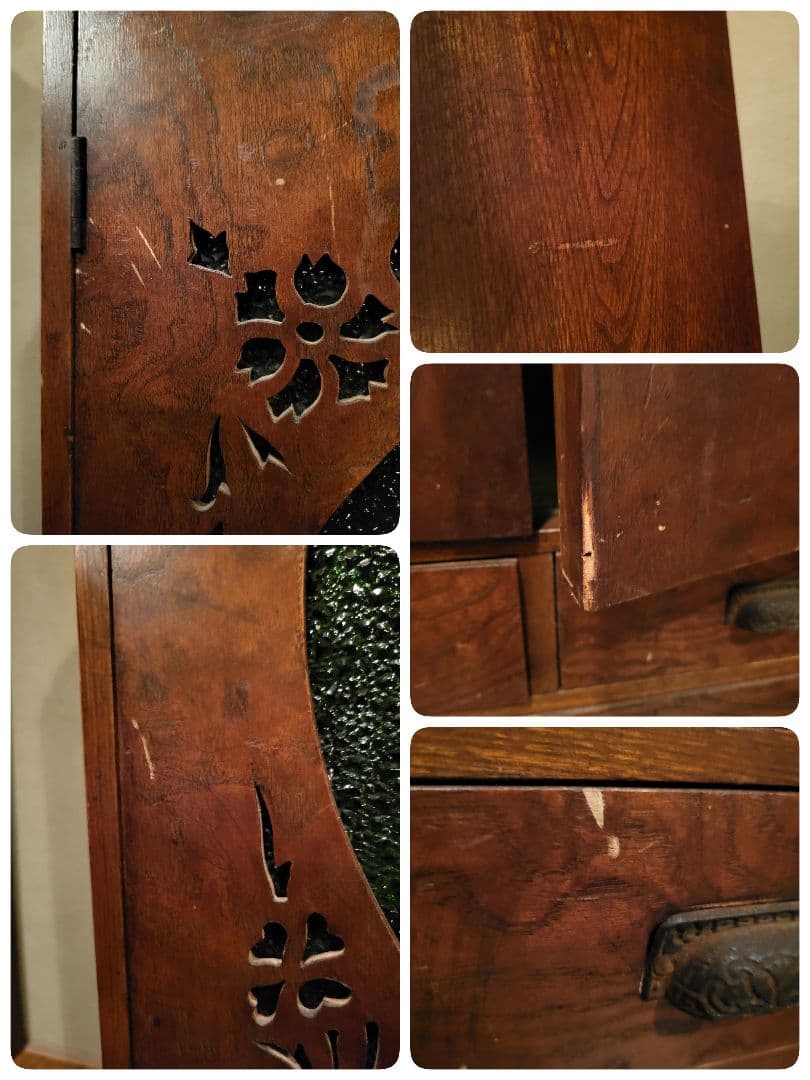 緑 ダイヤガラス　透かし彫り　本棚　本箱　キャビネット　大正ロマン　アンティーク