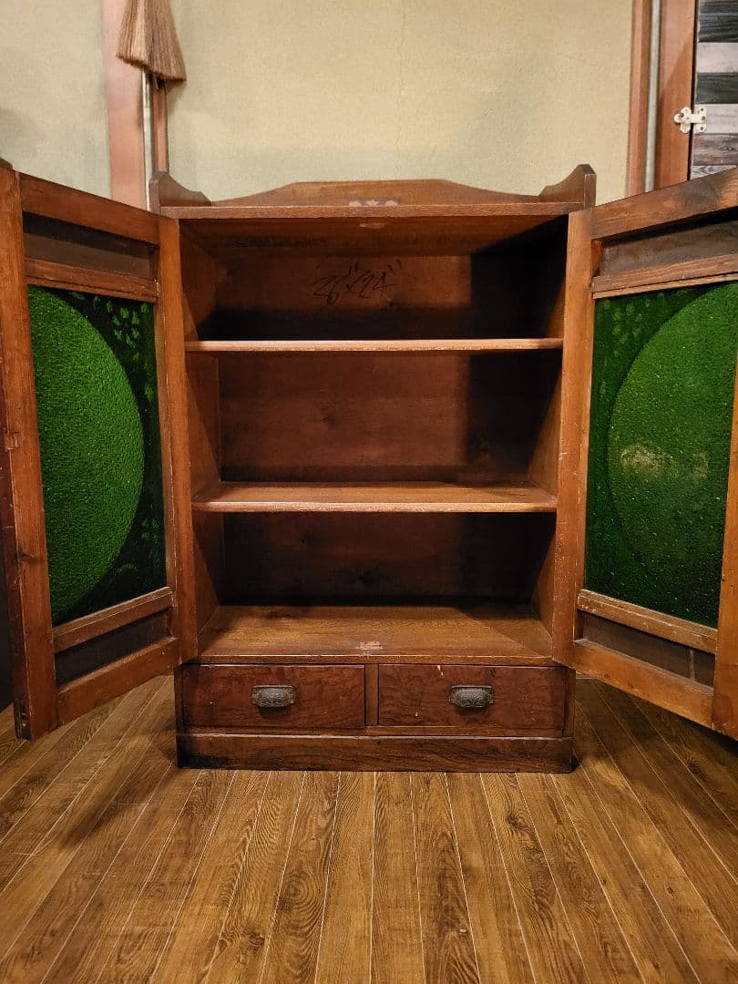 緑 ダイヤガラス　透かし彫り　本棚　本箱　キャビネット　大正ロマン　アンティーク