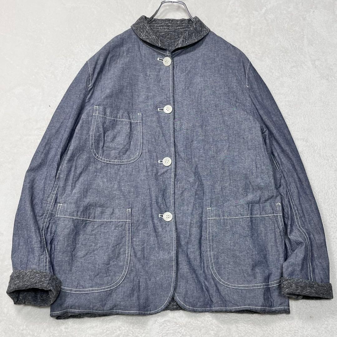 『コムデギャルソン オム』リバーシブル 丸襟シャツジャケット シャンブレー 杢灰