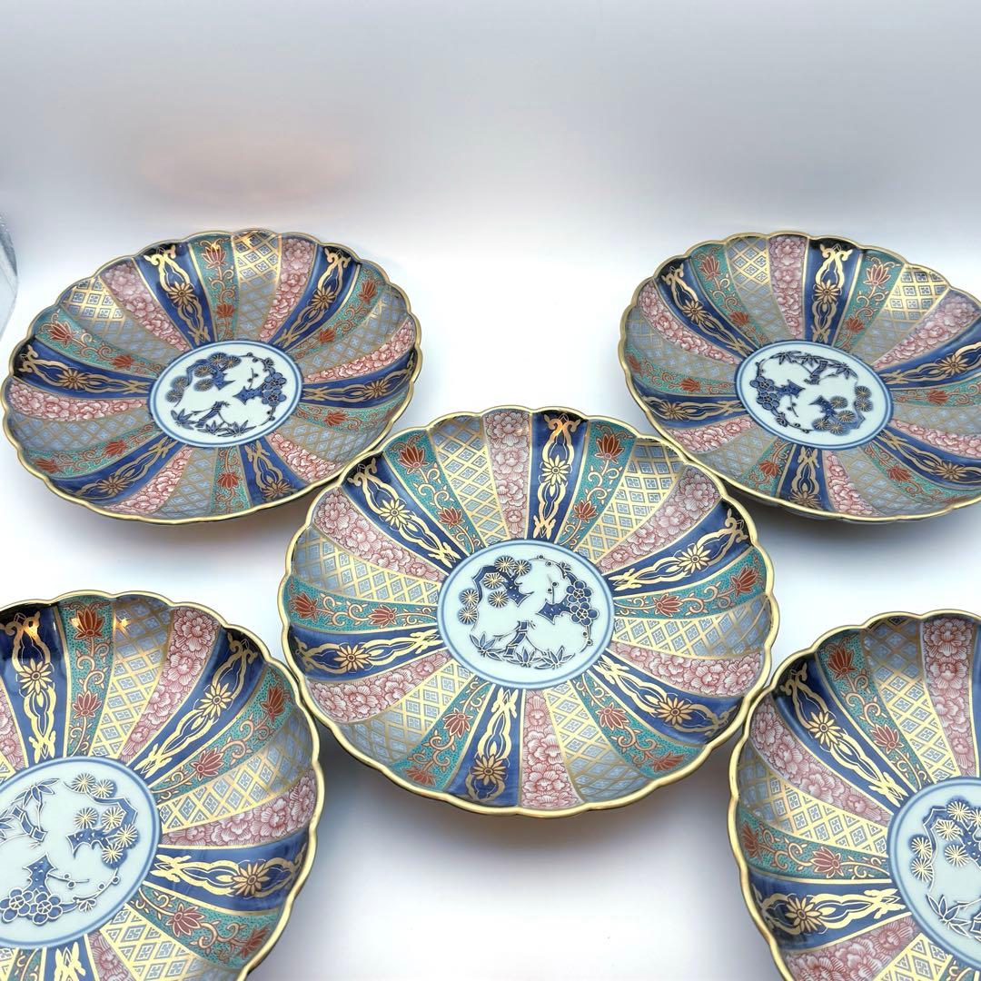【新品・未使用】林九郎 献上錦 菊割内外 金彩 皿揃　5枚セット※木箱入