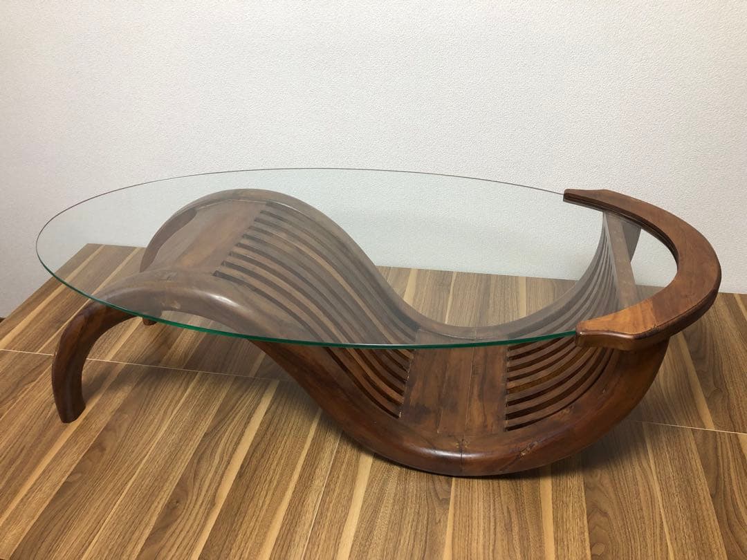 インドネシア家具 波型デザイン 木製ガラステーブル