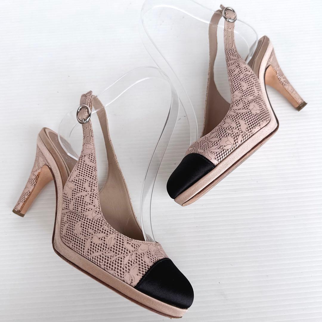 CHANEL シャネル　レース　花柄　バイカラー スリングバック パンプス 35