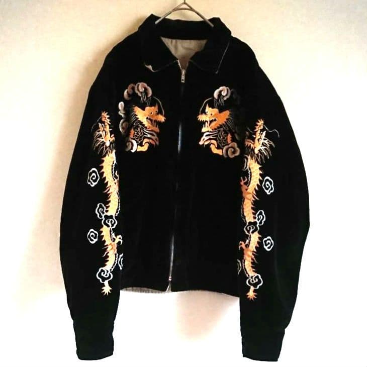 【希少】東洋テーラー 別珍 襟付 スカジャン M 黒 龍 鷹 刺繍 リバーシブル